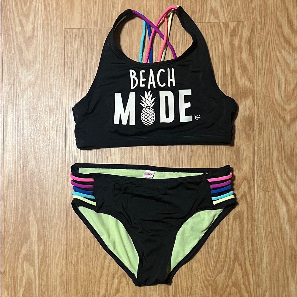 Justice Beach Mode Black Bikini with Multicolor Straps, size 14